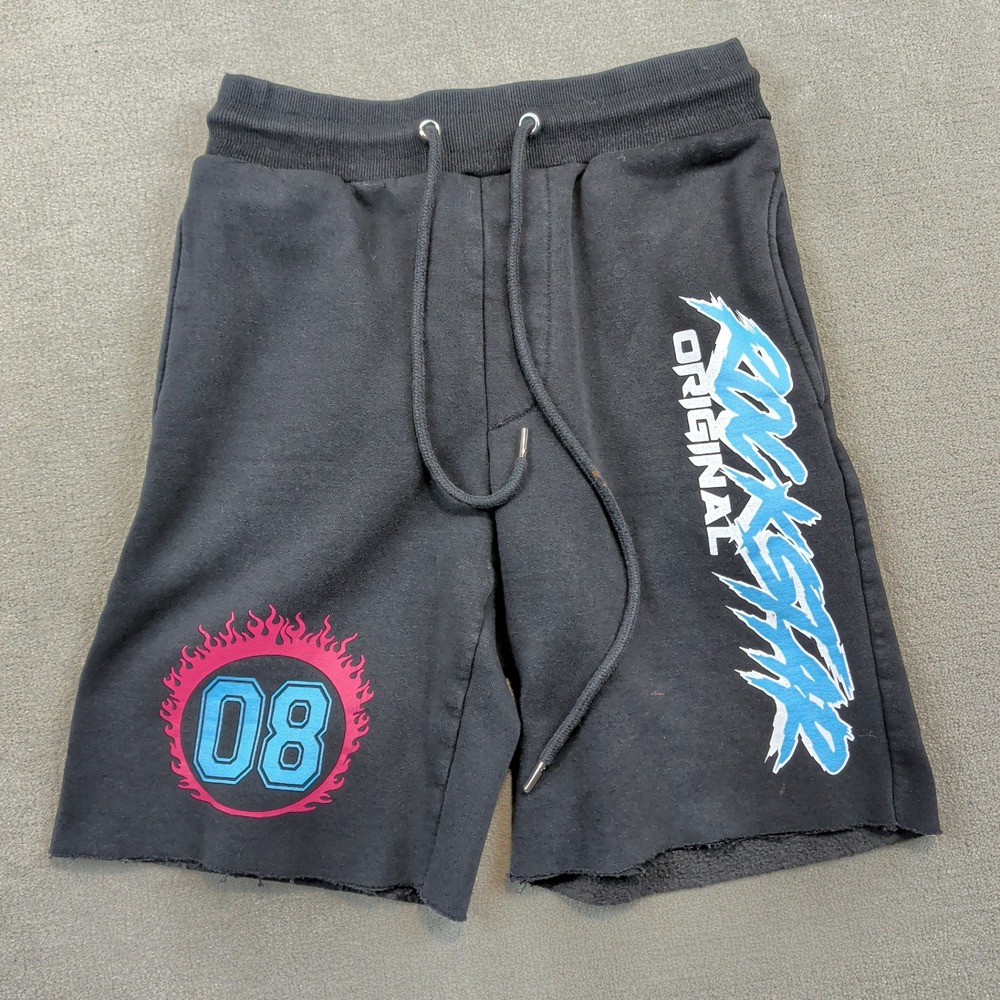 Rockstar Original Shorts Men Small Black Graphic Sweat Shorts Streetwear Raw Hem